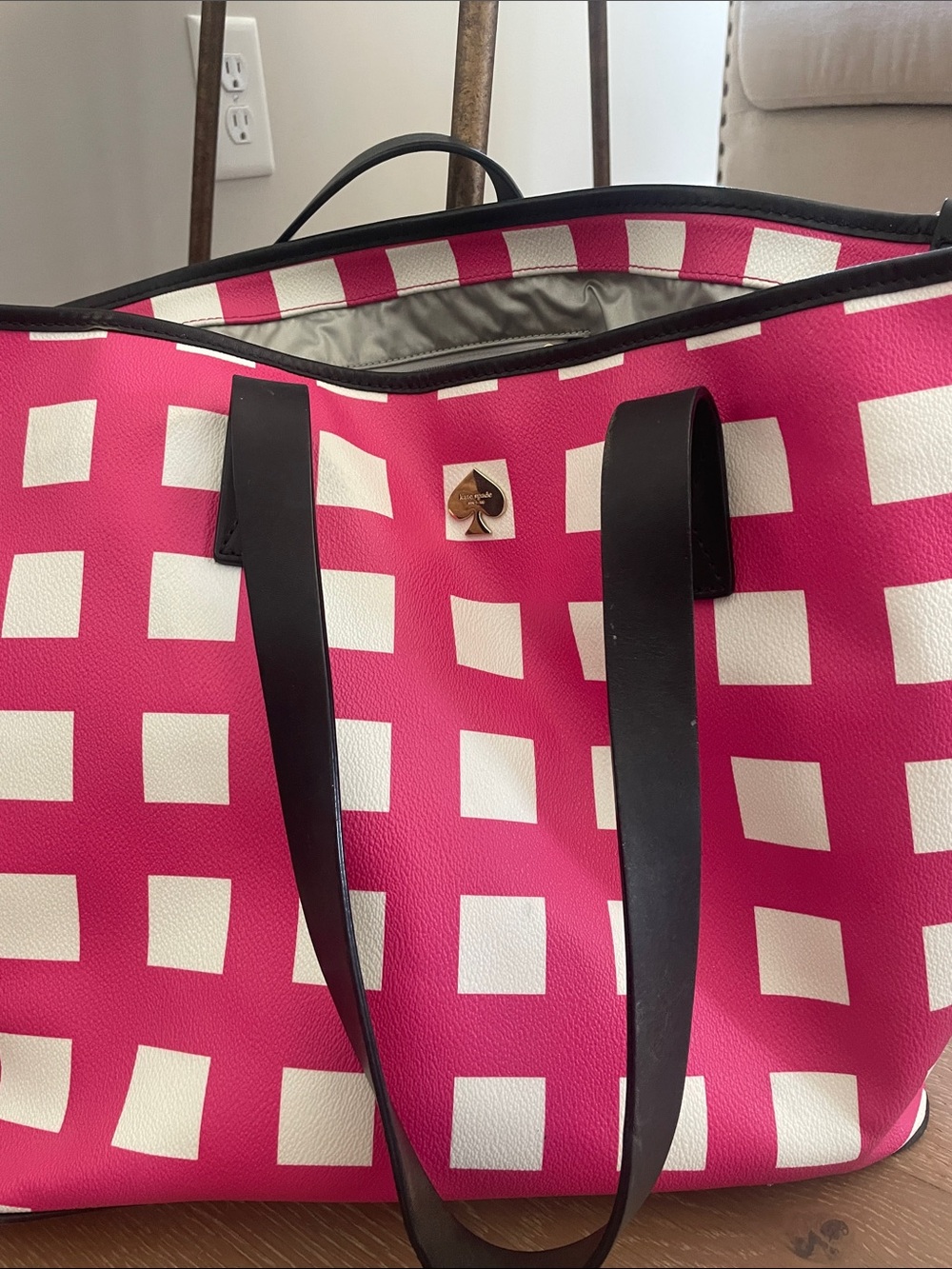 kate spade Hot Pink & White Checkered Tote with Black Straps